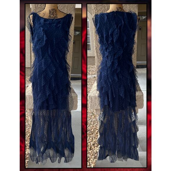 Lulus Blue Mesh Ruffled Swiss Dot Maxi Dress Size: L - Picture 6 of 12